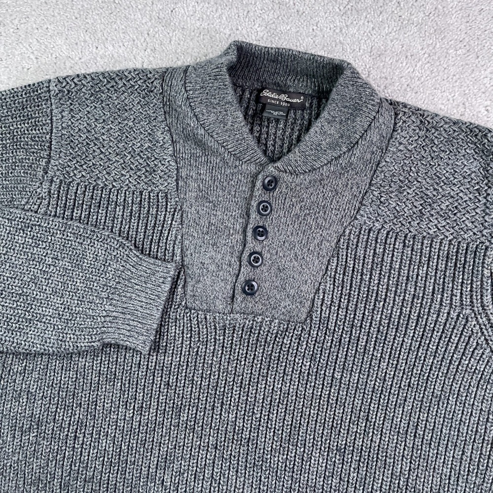 Vintage Eddie Bauer Sweater Men XL Tall Gray Ribbed Chunky Knit Henley Fisherman